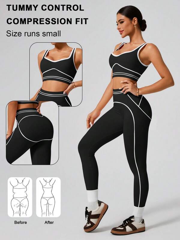 1 Set Women's Fashion Sportswear Outfit, Seamless Sports Bra And Leggings, Black And White Nylon Yoga Running