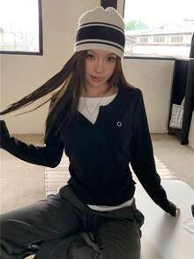Minimalist Sexy V-Neck Long Sleeve T-Shirt, Minimalist Design Base Layer Top Black Spring - Black - View 5