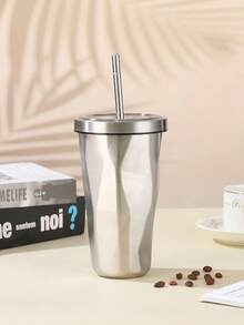 Vaso de acero inoxidable de 16 onzas, botella de agua de gran capacidad, taza de café portátil geométrica, vaso para camping - Plateado - Ver 3