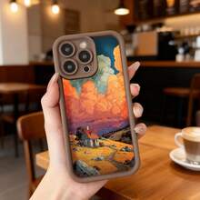 Cubierta de teléfono con borde negro diseño de paisaje al atardecer con casa en campo naranja y cielo dramático para uso diario en cafeterías y espacios interiores Aplicable a los teléfonos de la serie Apple y Galaxy - Negro - Ver 4
