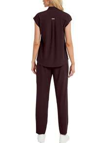 两件套：纯色蝙蝠袖宽松上衣和抽绳腰侧口袋长裤家居服，春季款 - 咖啡棕 - 查看 3