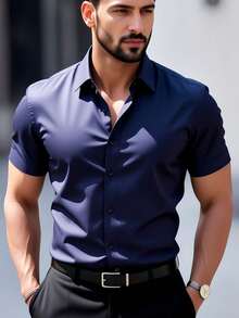 Stylish Men's Short-Sleeved Shirt With Lapel And Buttons For Summer. - Azul Marino - Ver 2