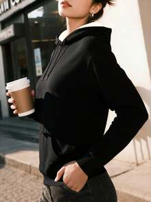 女士冬季保暖内衬套头卫衣，带口袋，舒适拉链前襟休闲卫衣，适合日常穿着、户外、旅行、办公、健身 - 黑色 - 查看 8