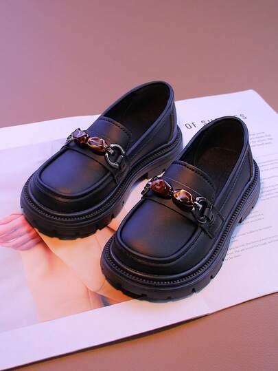 1 Pair Kids Slip-On Loafers, Leather Upper, Casual Shoes For Boys And Girls, Black, Suitable For Teenagers And Children, Low-Top Comfortable Round Toe Design, Great For Casual Outfits And Daily Wear
