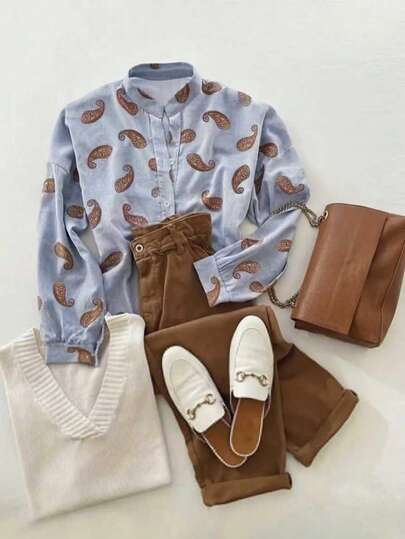 女式佩斯利印花长袖中式领扣衬衫，常规版型，无弹力梭织面料上衣