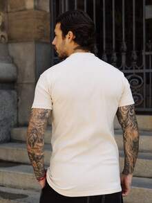 Slim Fit Ribbed Rubber Triangle T-Shirt, White, American Style, Streetwear, Body-Hugging. - 奶油色 - 查看 5