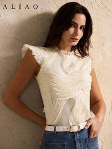 Aliao 优雅 3D 波纹刺绣褶皱吊带背心，宫廷风，吸睛单品，适合新年、情人节、优雅女士、海滩度假、感恩节、毕业季等场合。 - 杏色 - 查看 1