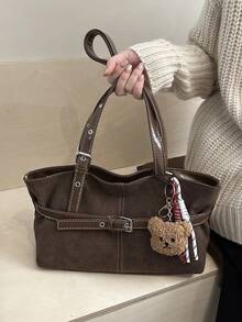 1个纯色绒面革绗缝拉链保龄球包，大容量手提包，新款时尚复古风单肩包，适合女性日常使用，秋冬季 - 咖啡 - 查看 3