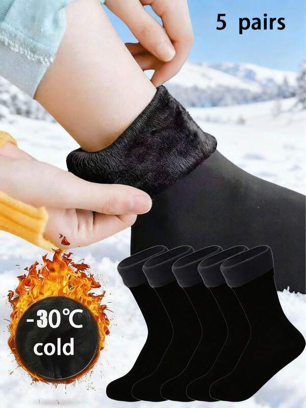 5 Pares de Meias Forradas de Fleece Super Grossas - Presente de Natal Confortável e Macio para Pai, Adequado para Clima Frio, Meias Longas, Inverno, Meias Pretas, Meias Quentes para Mulheres, Meias Grossas Casuais Absorventes de Umidade e Confortáveis para Outono/Inverno, Duráveis e Duradouras, Unissex