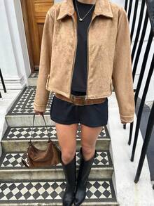 Autumn/Winter Polo Collar Zip-Up Cardigan Jacket, Faux Suede Fabric, Solid Color, Pockets, Zipper, Casual