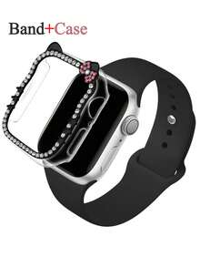 2条/套硅胶运动表带，兼容 40mm、41mm、42mm、44mm、45mm、46mm、49mm，男女通用，柔软防水腕带，可更换运动表带，兼容 Ultra 11、10、9、8、7、6、5、4、SE系列，卡通图案，兼容表壳，闪亮钻石PC电镀保护壳 - 黑色 - 查看 1