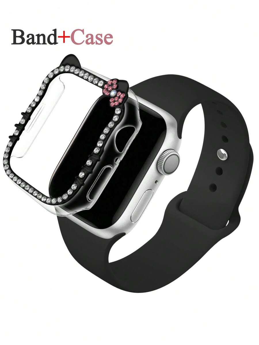 2条/套硅胶运动表带,兼容 40mm、41mm、42mm、44mm、45mm、46mm、49mm,男女通用,柔软防水腕带,可更换运动表带,兼容 Ultra 11、10、9、8、7、6、5、4、SE系列,卡通图案,兼容表壳,闪亮钻石PC电镀保护壳 - 黑色 - 查看 1