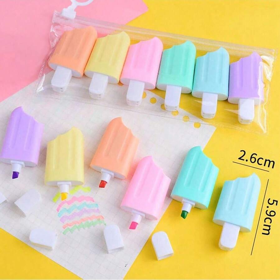 6pcs/Set Cartoon Ice Cream Shaped Highlighter Pens Back To School - one-size - View 1