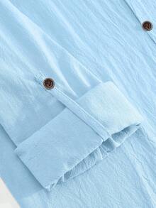 Men's Solid Color Linen Button-Up Long Sleeve Mandarin Collar Shirt And Pants, Vacation Casual Husband 2-Piece Set - 淺藍色 - 查看 6