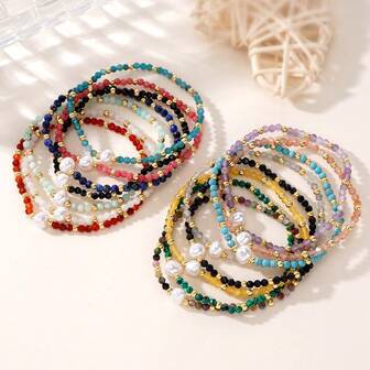 1PC Elegant Retro Black Glass Bracelet, Colorful Rice Bead Bracelet, Faux Pearl Bracelet, Semi Precious Stone Bracelet, Gold Bead Bracelet, Stackable Bracelet, Couple Bracelet, Friend Gift, Best Friend Bracelet, Birthday Gift, Family Gift, Valentine's Day Gift, Mother's Day Gift, Christmas Gift