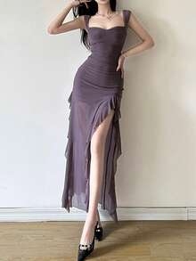 YeonC性感露背紧身连衣裙，荷叶边下摆和开衩设计 - 紫色 - 查看 3