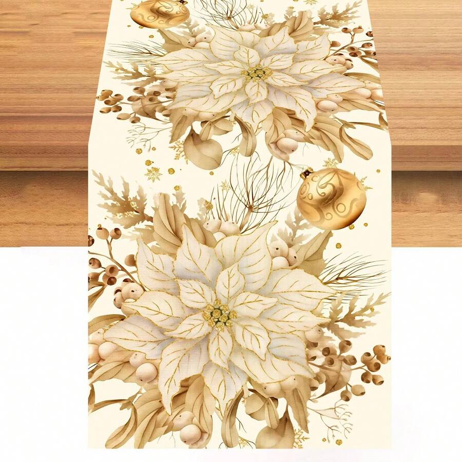 1pc Gold Flower Print Table Runner, Christmas Holiday Decor, Dining Party Accessory, Farmhouse Tabletop Decor, Suitable For Kitchen Table, Coffee Table, Cabinet, Party, Wedding, Holiday Decoration - Gold - View 1