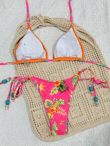 女士夏季吊带印花比基尼套装，可爱优雅性感高弹力泳衣，侧边系带泳裤，适合海滩派对 - 彩色 - 查看 2