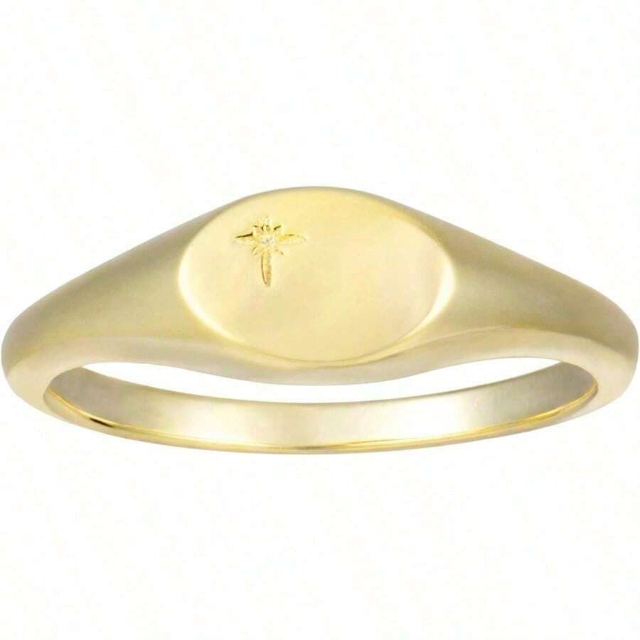 espere Anillo cuadrado chapado en oro de 18 quilates con sello rosado delicado con estrella del norte Anillos ligeros y gruesos para mujer - OvaladoOroamarillo - Ver 1