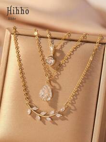 Hihho 3 Pcs/set Women's Fashionable Casual Tree Branch Shaped Water Drop Inlaid Necklace Set, Party Gift - Yellow Gold - View 7