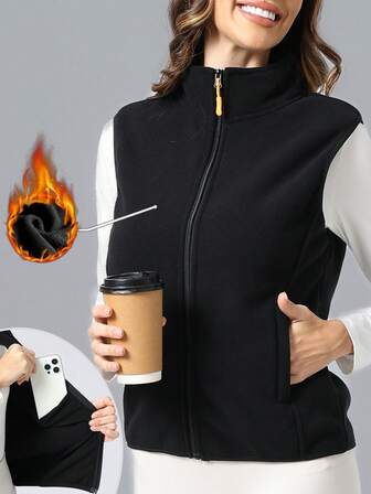 RUNONWHEELS 5 Chaleco de forro polar para mujer, estilo clásico sin mangas con bolsillos con cremallera, chaqueta de punto con cremallera para mujer en invierno, chaqueta casual con cremallera y cuello alto con patrón de diamantes forrada para mujer en otoño