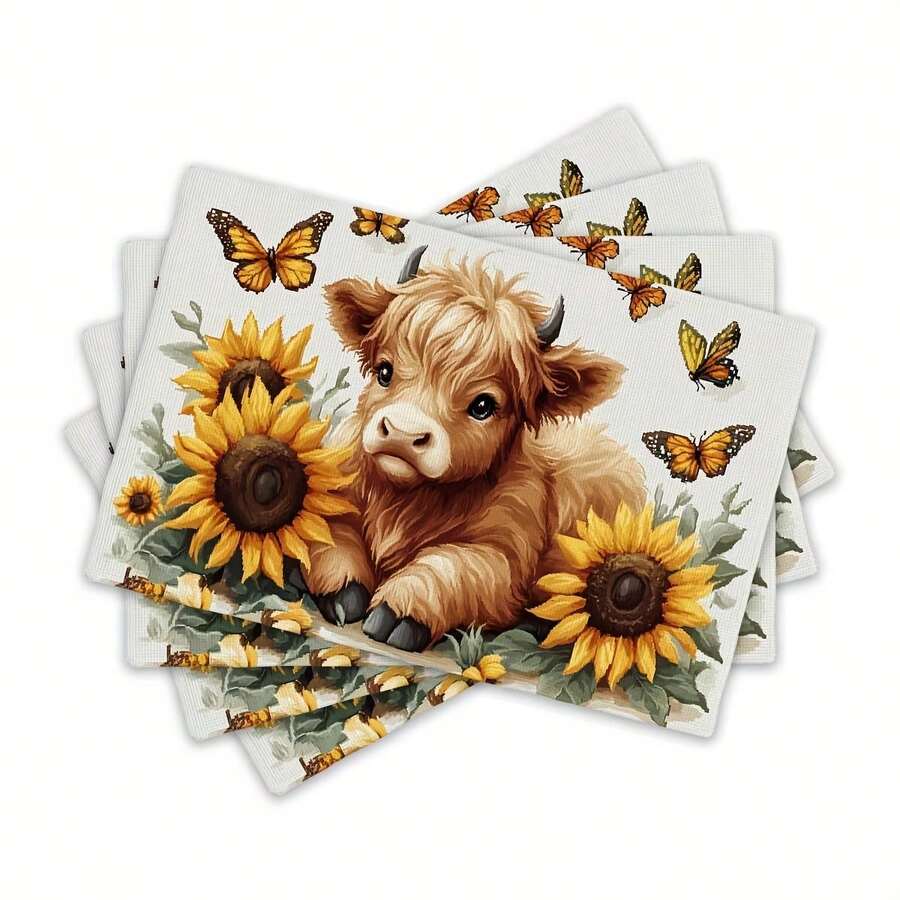4/6pcs Sunflower & Butterfly Farmhouse Placemats - Heat-Resistant Linen Table Mats With Cute Cow Design, Durable & Easy-Clean, Perfect For Kitchen & Dining Tables, Easy-Clean Mats| Sunflower Pattern| Heatresistant Mats, Sunflower Decor - 農家 - 查看 1