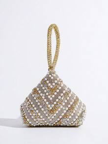 Irregular Shaped Clutch Bag With Sparkling Pearl Rhinestone Decor, Handbag For Gala, Party, Evening Dress Matching