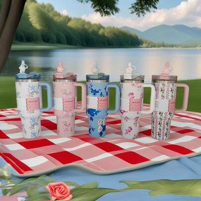 1pc 40oz/1200ml Stainless Steel Vacuum Insulated Tumbler, Floral Bow Pattern Travel Mug, Car Cup, Reusable For Outdoor Camping, Travel, Home, School, Office, Holiday & Birthday Gift