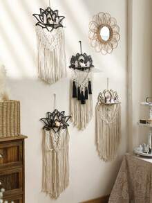 1 tấm treo tường Macrame Boho, kệ treo tường trang trí hình hoa sen, tranh treo tường tua rua Bohemian, kệ trưng bày pha lê, đồ trang trí nhà Boho Chic cho phòng khách, phòng ngủ, đồ trang trí tâm linh, đồ trang trí Macrame thủ công có tua rua - Nhiều màu - Xem 3