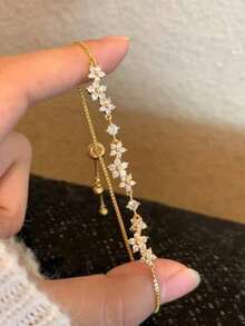 1pc Sparkling Cubic Zirconia Five Leaf Flower Bracelet, Dainty Women's Diamond Adjustable Bracelet Chain, Copper Jewelry For Party Daily Wedding - 花朵手鍊 - 查看 9