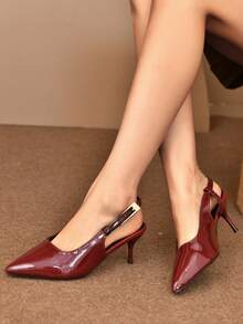 Sapatos de salto alto femininos bordô com bico fino, tira única, cano baixo, ideais para primavera/outono, sandálias de salto alto com bico aberto e salto gatinho. - Borgonha - Ver 1