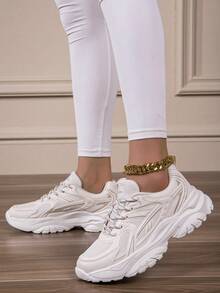 女士透气舒适轻便厚底运动鞋，混合网布和皮革，适合健身房、旅行