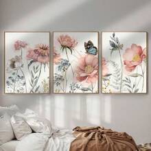 三幅粉色花卉油画，蝴蝶图案帆布墙饰，植物花卉印花，波西米亚风挂画，客厅卧室墙面装饰，无框 - 粉色 - 查看 5