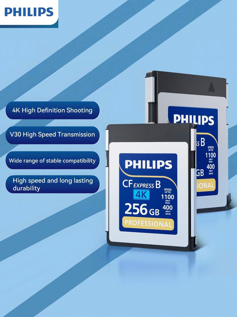 PHILIPS 飞利浦 CFexpress Type B 卡，读取速度高达 1100MB/s，写入速度高达 400MB/s，专为专业相机和流畅的 4K 视频录制而设计（128GB/256GB/512GB）