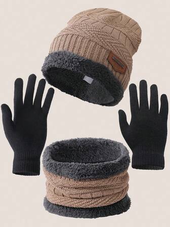 Conjunto de 3 piezas de invierno: gorro de punto, bufanda y guantes elásticos de doble capa, adecuado para el calor invernal, regalo de Navidad, regalo de Año Nuevo, conjunto de calor para exteriores. El color del forro es aleatorio (Estilo 1-Estilo 3 Color Aleatorio) Ropa de invierno para hombre
