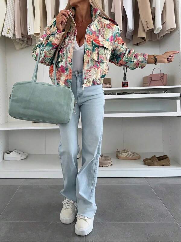 New Casual Vintage Ocean Animal Print Front Button Pocket Zipper Jacket Coat For Women, Suitable For Halloween, Christmas, Outdoor, Commute, Daily, Travel