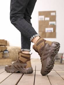 1双男士纯色PU皮登山靴，系带，防滑鞋底，透气鞋面，适合徒步、登山、沙漠探险、旅行、露营 - 棕色 - 查看 4