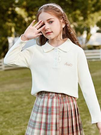  Camiseta de manga larga para niñas preadolescentes ASK JUNIOR, camisa polo deportiva casual, suave y versátil para niños, otoño