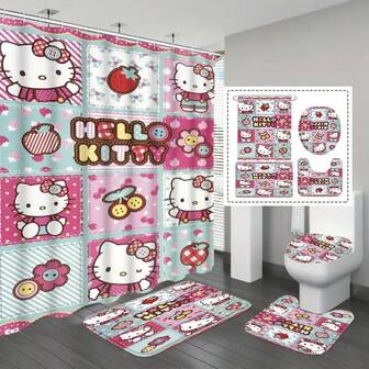  1 pieza/3 piezas Juego de cortina de ducha de 4 piezas de Sanrio Hello Kitty, que incluye una cortina de ducha con 12 ganchos, alfombra de baño antideslizante, alfombra en forma de U para el inodoro, tapa del inodoro, accesorios de baño, alfombras decorativas para el hogar de primavera, regalos festivos