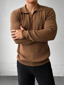 WAIT HIM Suéter de cuello polo de manga larga de unicolor y textura casual para hombre