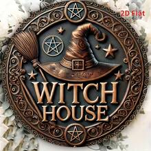 [2D Flat] 1pc Vintage Witch House 2D Flat Metal Sign, 19.99x19.99 Cm - Round Iron Wall Decor With Golden Stars, Witches Hat & Broomstick Design, Perfect For Home, Room, Garage, Garden, Bar, Man Cave, Halloween & Holiday Decor, Halloween Decor | Witchcraft Theme | Durable Metal Sign, Halloween Decorations - Nhiều màu - Xem 4
