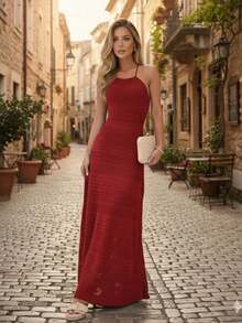 Olivia Long Modal Knit Lace Dress With Tie At The Back - 紅色 - 查看 1