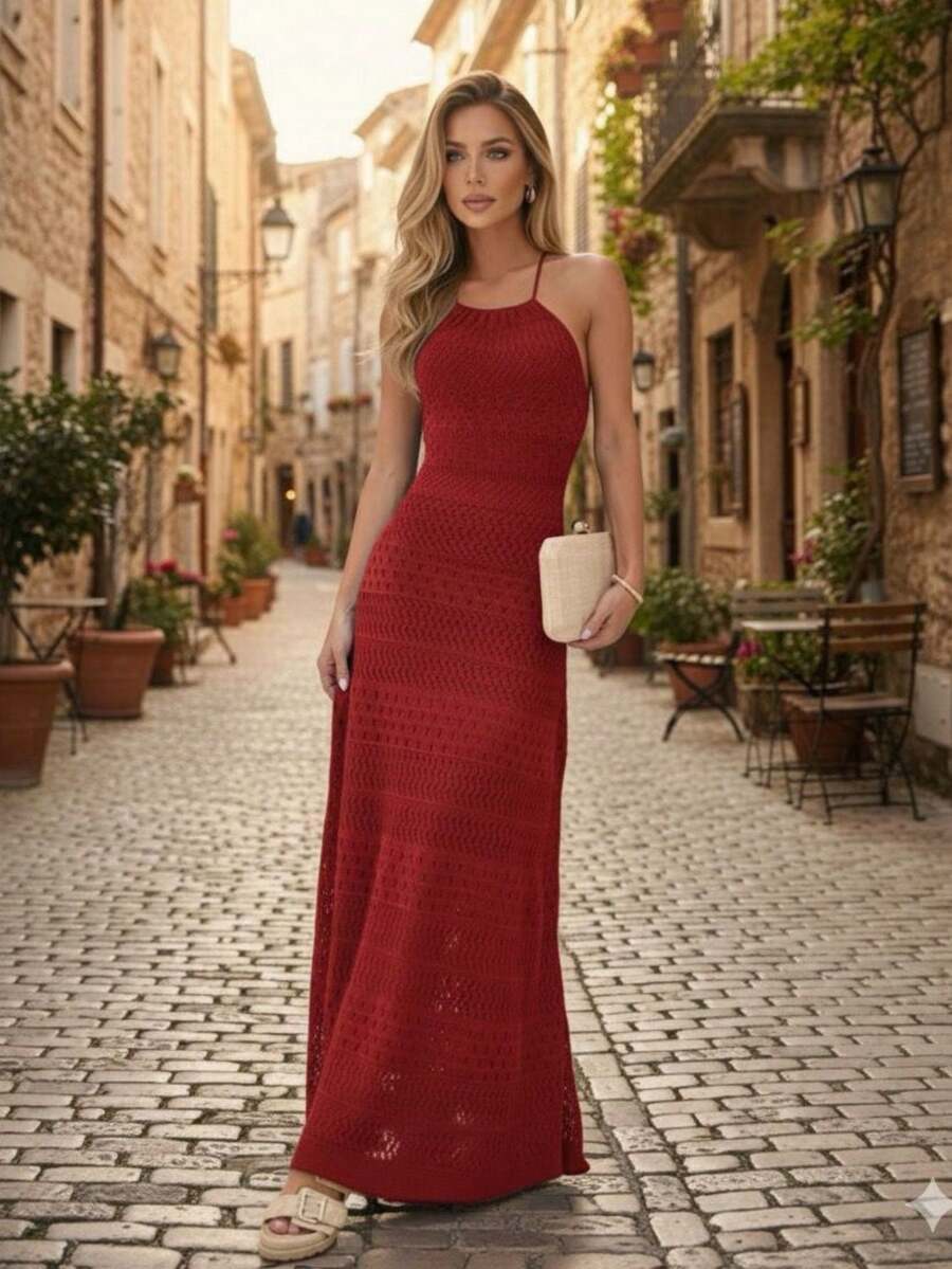 Olivia Long Modal Knit Lace Dress With Tie At The Back - 紅色 - 查看 1