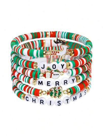 6 Pack Adorable Christmas Bracelets For Teen Girls - Perfect Party Favors & Holiday Gifts, Patterned Crystal Beaded Braided Bracelet Set For Girls Christmas Ornaments Decoration Or Gift Giving,Christmas Gift