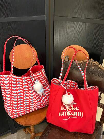 1 Bolso de tote con estampado de ola, conjunto de bolso de lona casual para el hombro, Navidad, Año Nuevo, Día de San Valentín, uso diario, playa, moda, bolsa de compras (sin colgante)