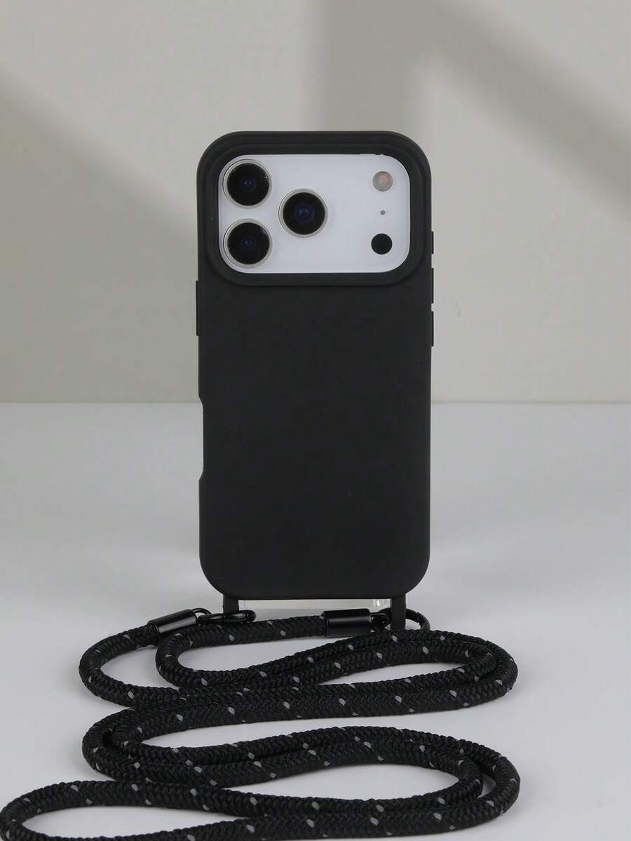 Black Phone Case With Lanyard Strap Compatible With IPhone 13/14/15/16/17 Pro Max - Black and Silver - View 1