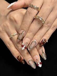 10pcs Almond Handmade Press-On Nails, White French Fingertips, Brown Hand-Painted Amber Pattern, 3D And Cherry Decoration, Elegant And Cute Handmade False Nails, Suitable For Girls And Women's Daily, New Year, Valentine's Day Nail Decoration - Multicolor - View 5