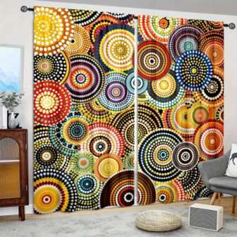 2pcs Circular Art Printed Curtains, Suitable For Home Decoration - Curtains With Pole Openings, Suitable For Bedrooms, Offices, Kitchens, Living Rooms, And Study Rooms