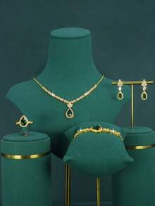 5pcs 18K Gold Plated Luxury Royal Style Water Drop Tassel Design Bridal Wedding Jewelry Set, Handset White Cubic Zirconia, Including Necklace, Bracelet, Earrings, Ring, Suitable For Daily Wear And Wedding, Wedding Anniversary Gift - Teardrop Green Diamond Bridal Set - View 6