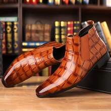 Men's Faux Leather Crocodile Texture Chelsea Boots - Elastic Side Panel With High Gloss Finish Comfortable Durable Footwear For Daily Casual, Office & Formal Events - màu nâu - Xem 4